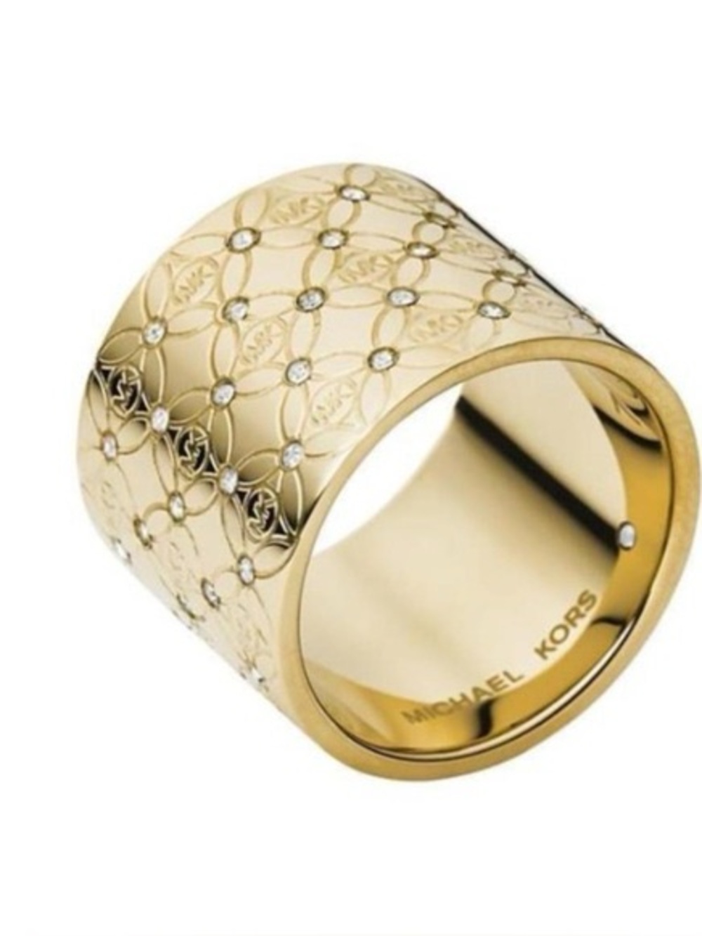 Michael Kors Gold Plated Pave Monogram Heritage Band Barrel Ring Sz 7